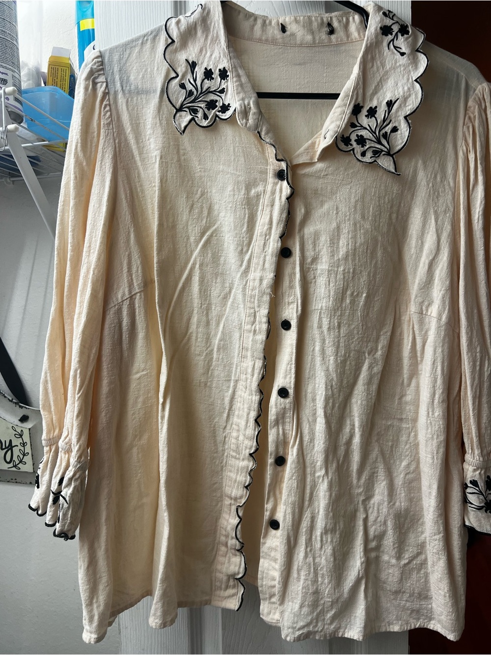 Cream Embroidered Scallop-Trim Button Front Women's Top